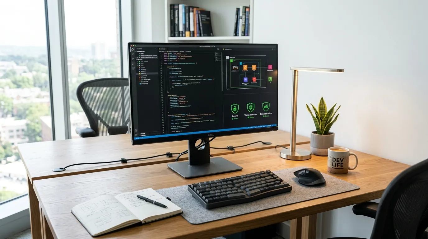 Professional developer workspace showing cloud architecture and code